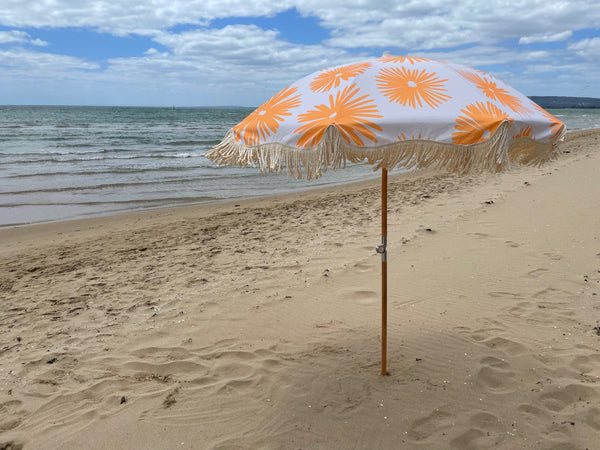 Pipi's of Rye -Premium Beach Umbrella -Coastal Floral Marigold