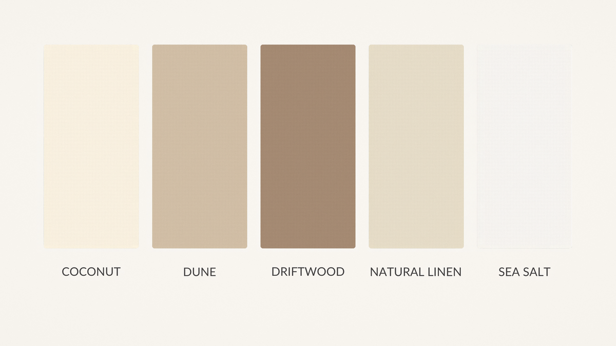 Coastal Linen colour palette: coconut, dune, driftwood, natural linen and sea salt