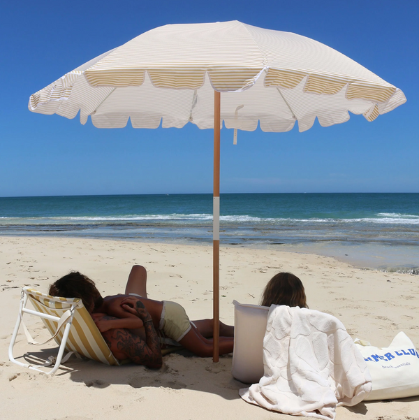 SunnyLife Mango Bay Beach Umbrella-  Golden Mustard Stripe