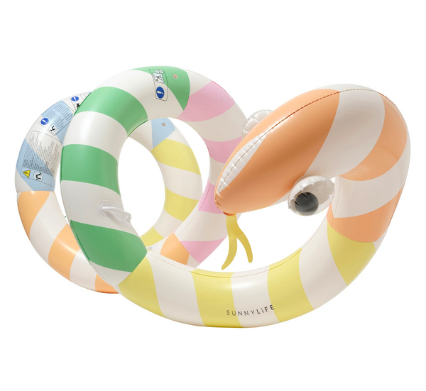 Colorful inflatable tube with pastel patterns on a white background
