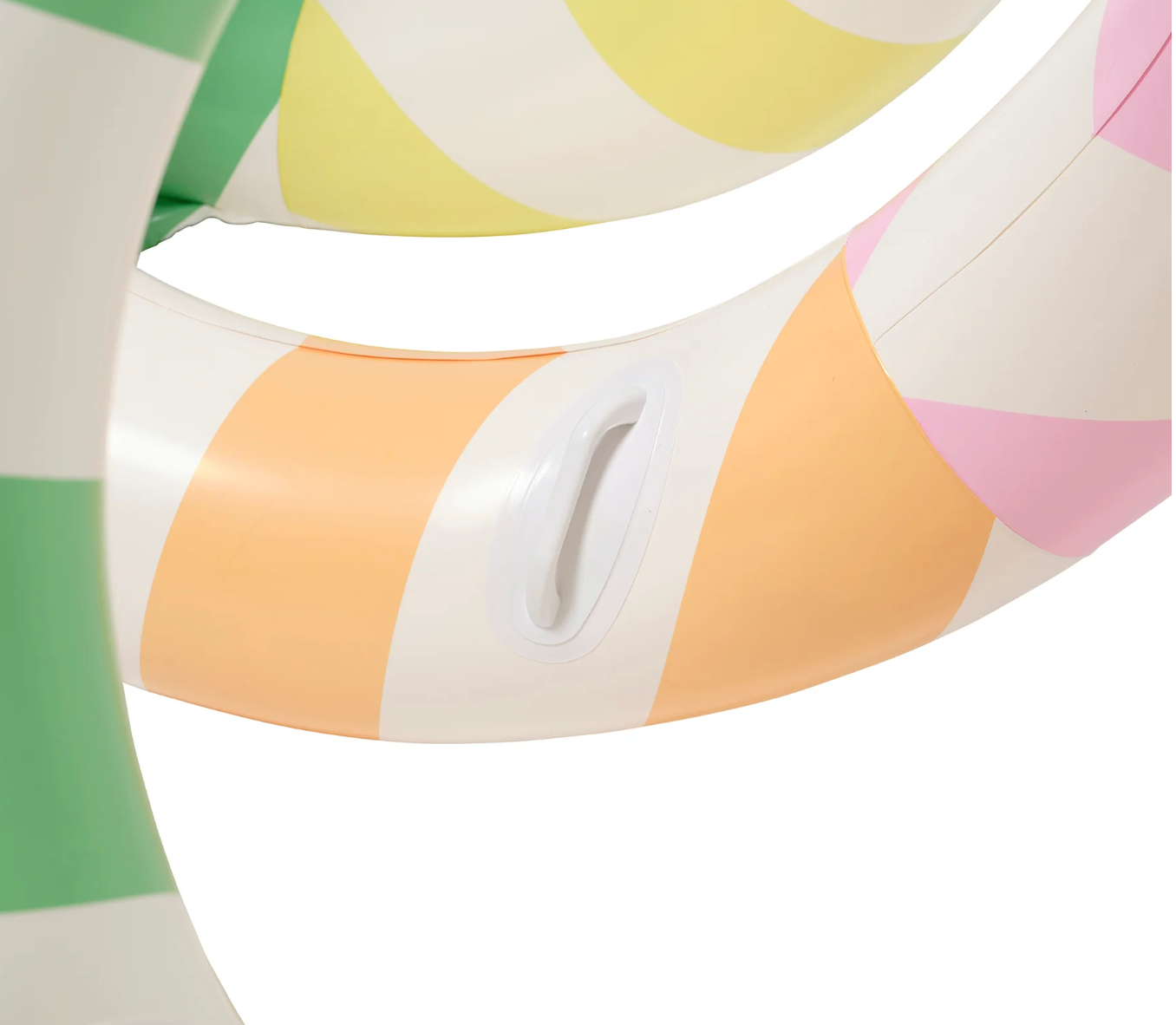 Colorful striped pool float on a white background