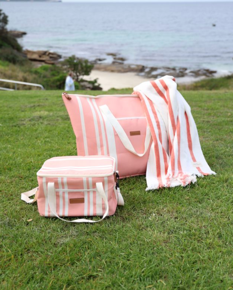 Cotton Beach St Tropez Insulated Cooler Bag - Coral Pink Stripe