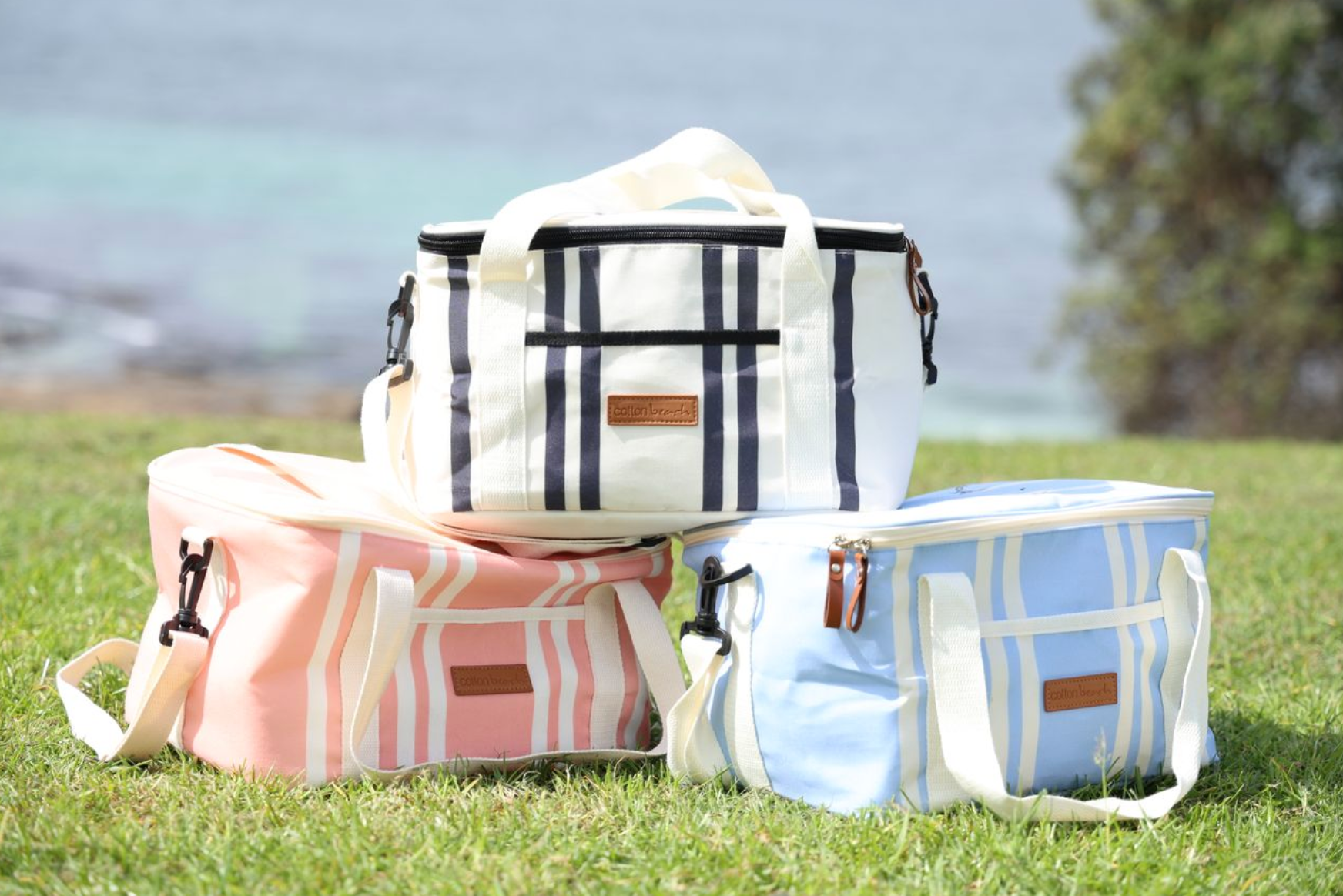 Cotton Beach St Tropez Insulated Cooler Bag - Coral Pink Stripe