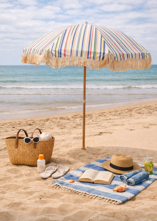 Pipi's of Rye Premium Beach Umbrella- Retro Coastal Blue Multi