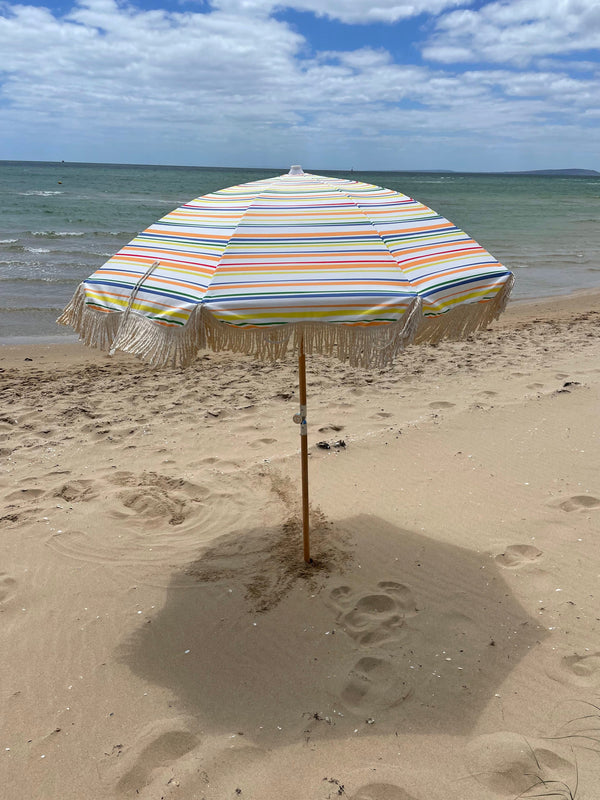 Pipi's of Rye - Premium Beach Umbrella- Retro Coastal Stripes Original