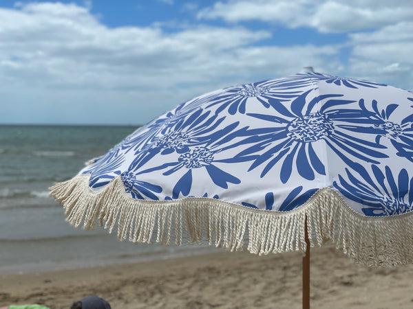 Pipi's of Rye - Premium Beach Umbrella- Coastal Floral Blue