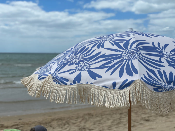 Pipi's of Rye - Premium Beach Umbrella- Coastal Floral Blue