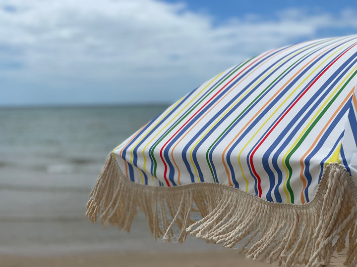 Pipi's of Rye Premium Beach Umbrella- Retro Coastal Blue Multi