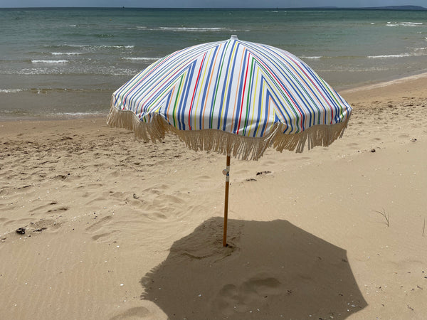 Pipi's of Rye - Premium Beach Umbrella- Retro Coastal Blue Multi